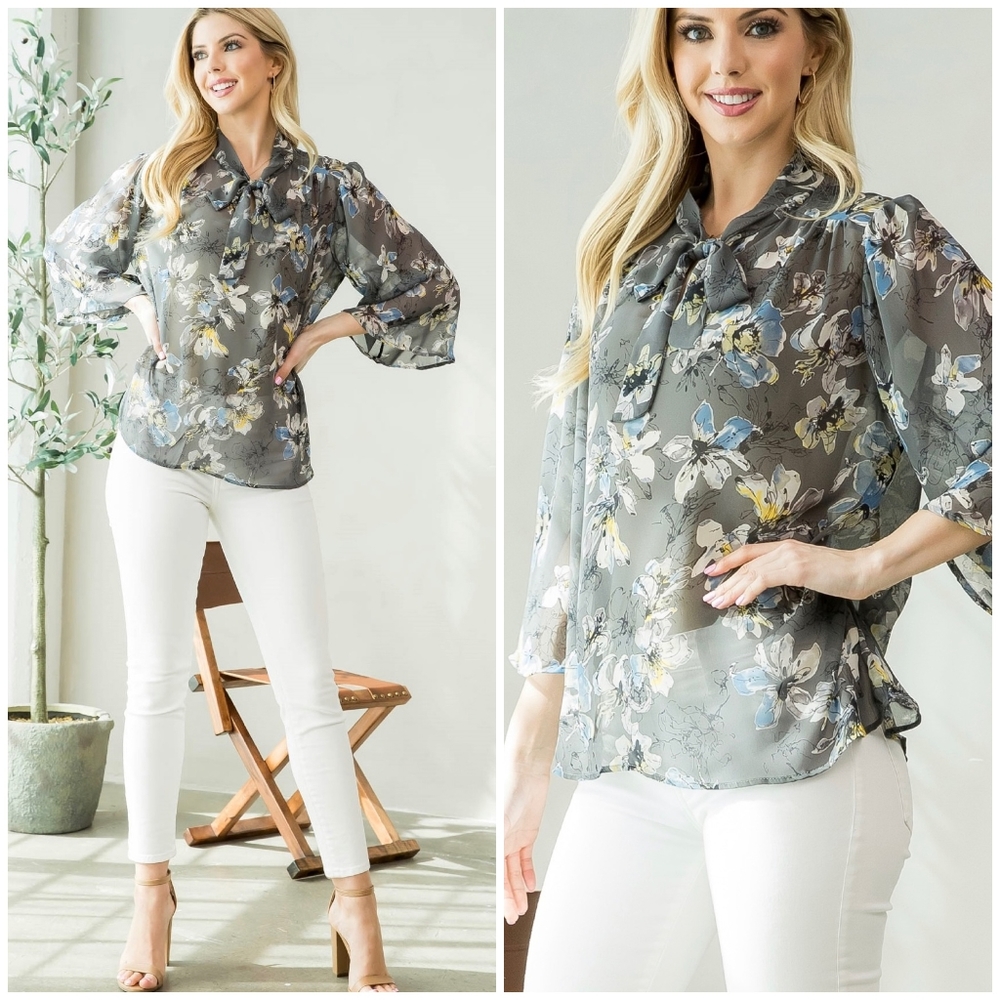 LAST 1 ! MITTOSHOP Semi Sheer Neck Bow Tie Top - Picture 8 of 8